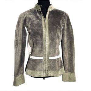 DONCASTER LEATHER SUEDE JACKET GREEN SIZE 10 MEDIUM DESIGNER